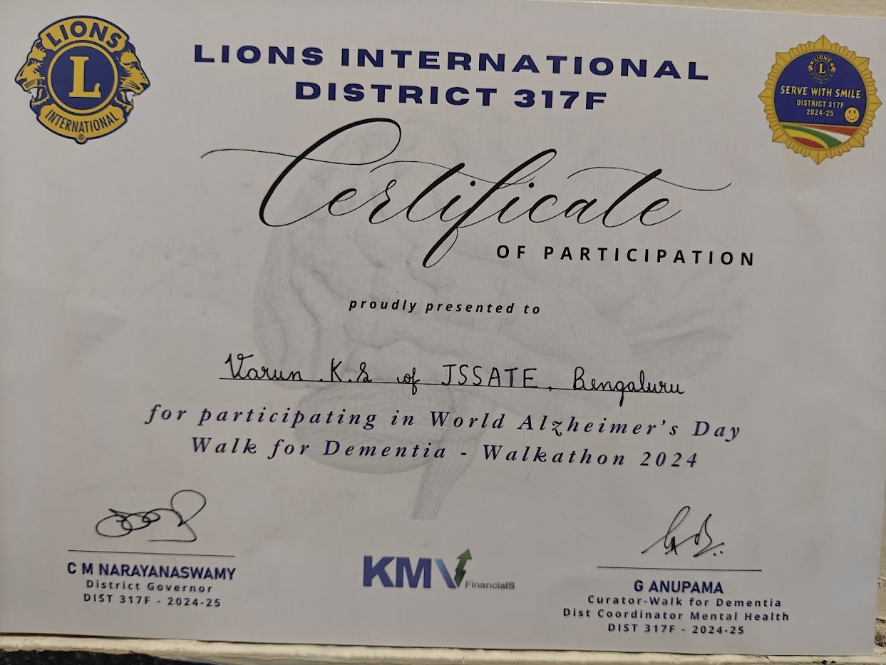 Official Certificate of Participation from Lions International District 317F for World Alzheimer's Day — Walk for Dementia 2024.