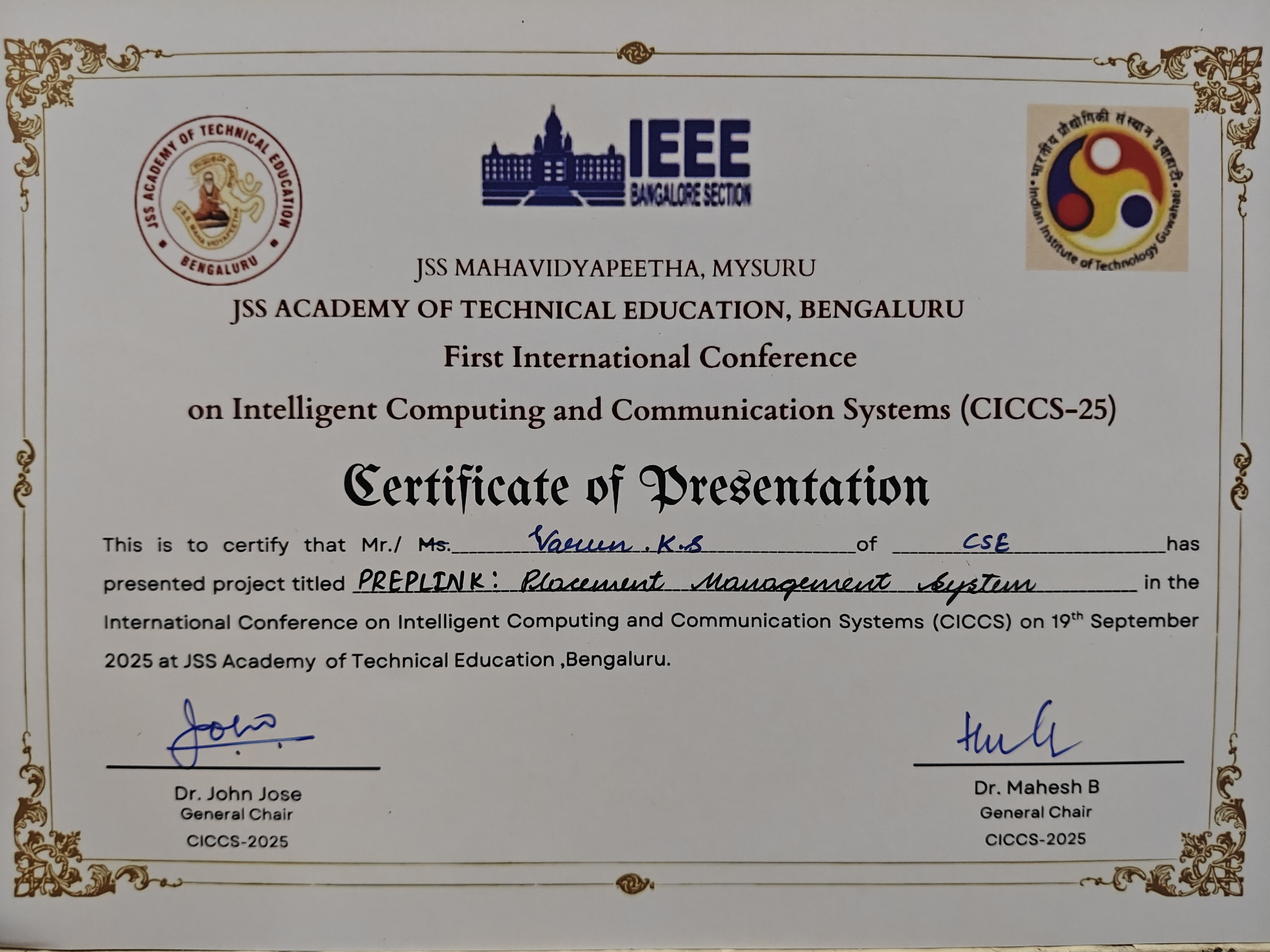 Official IEEE Certificate of Presentation awarded for presenting technical research at ICIDCA 2024.