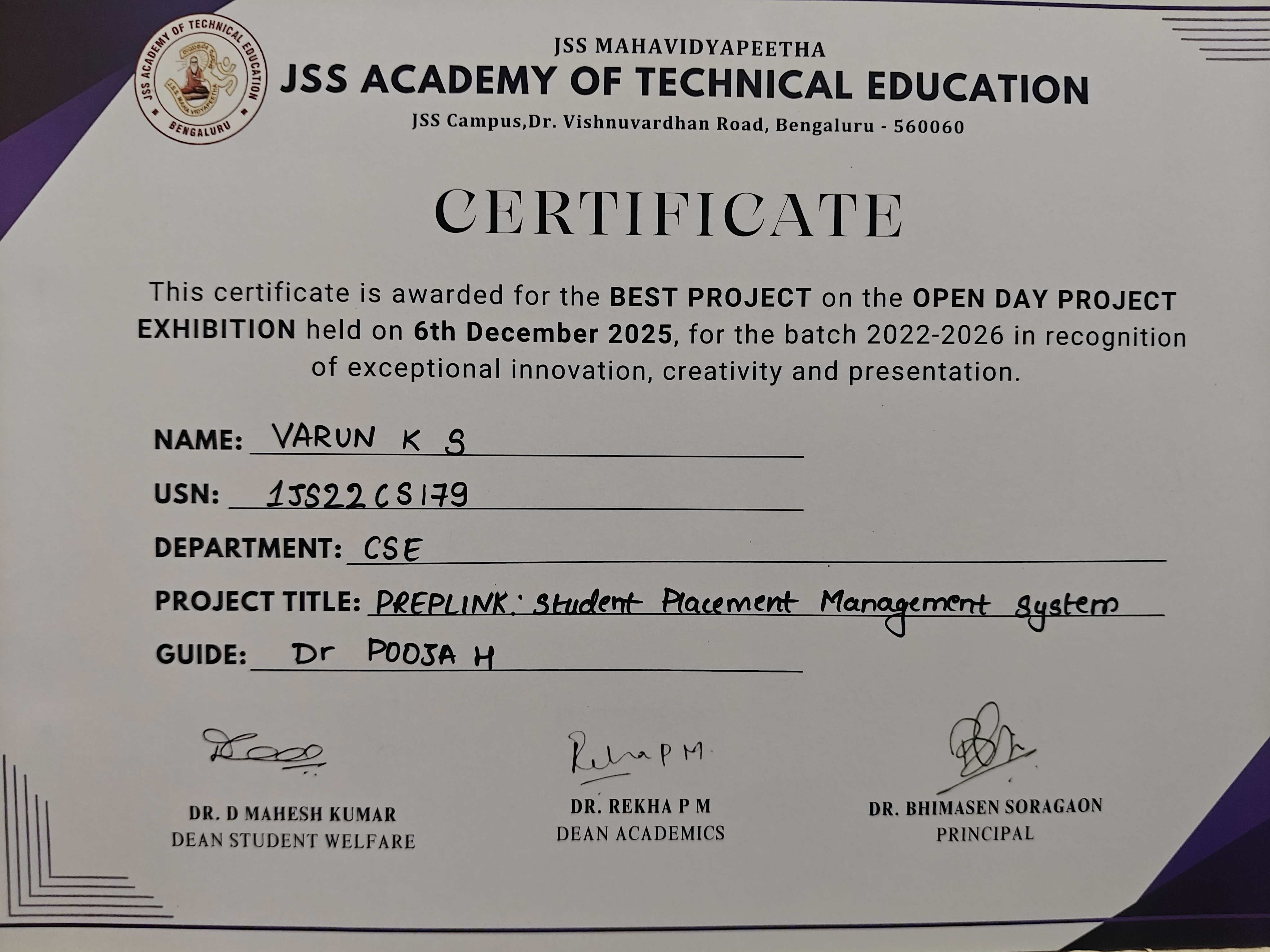 Official Certificate of Merit for securing first place in CSE Department Open Day.