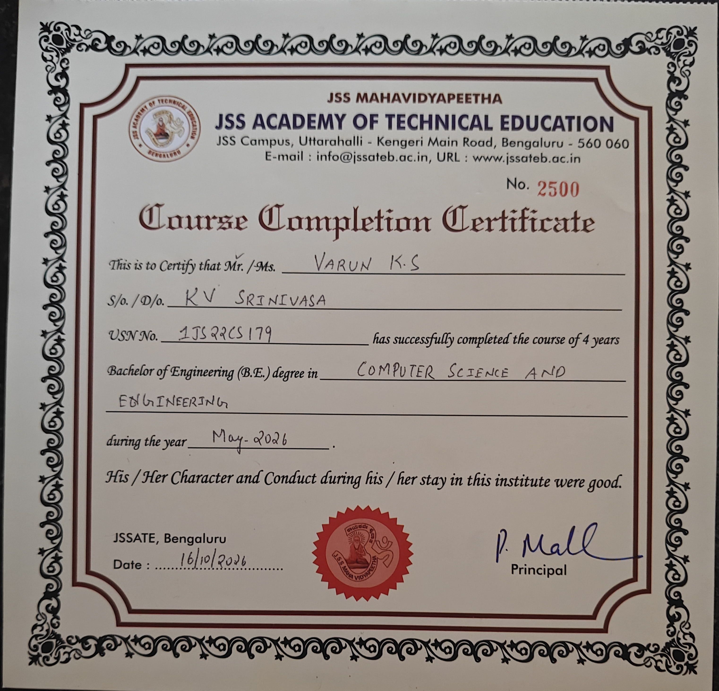 Official Course Completion Certificate in B.E. Computer Science and Engineering from JSSATE Bengaluru (May 2026).