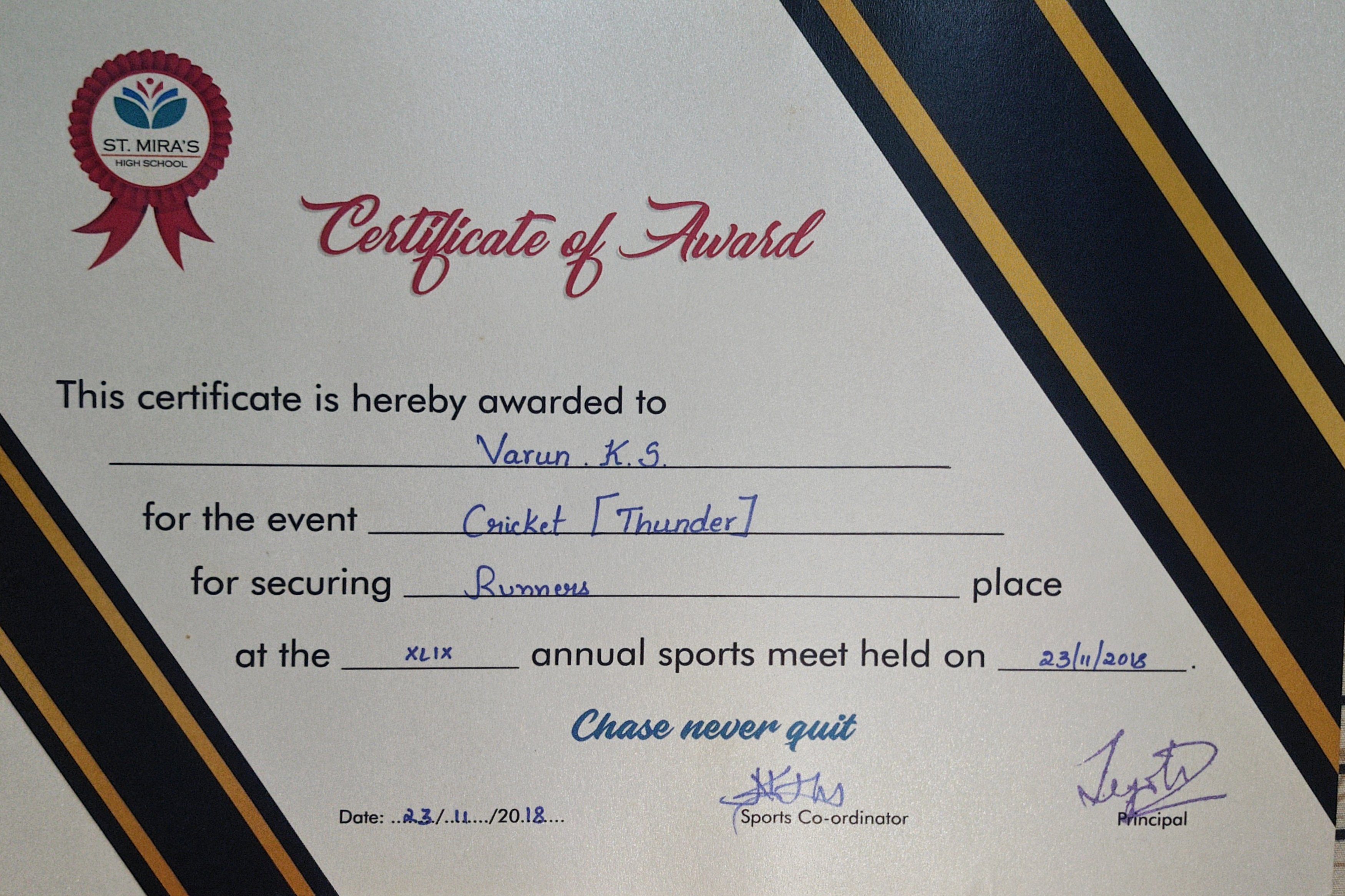 Official Runners Place Certificate for Cricket [Yellow House Thunder] at XLIX Annual Sports Meet (Nov 23, 2018).