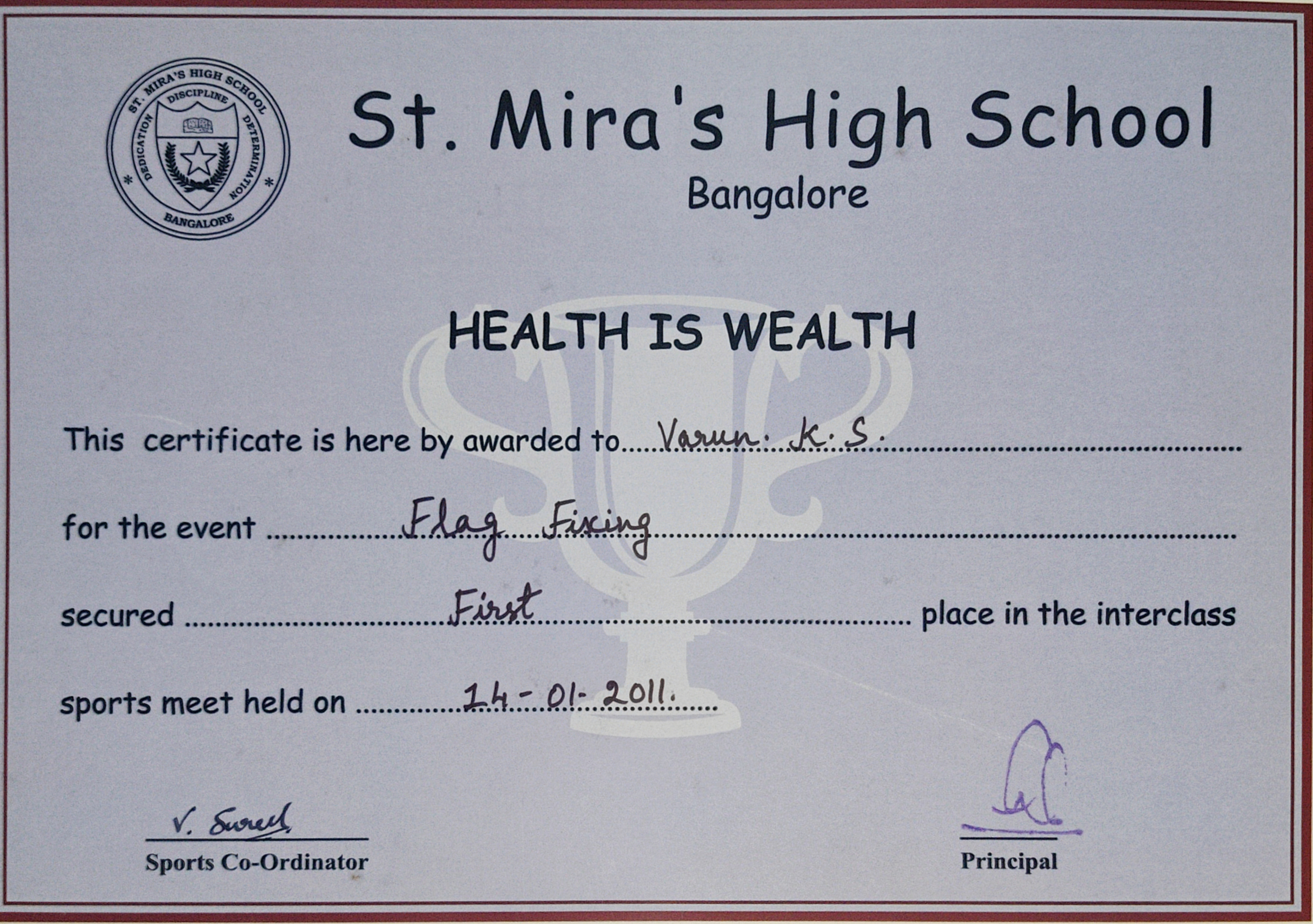 Official First Place Certificate in Flag Fixing at the Interclass Sports Meet (Jan 14, 2011).