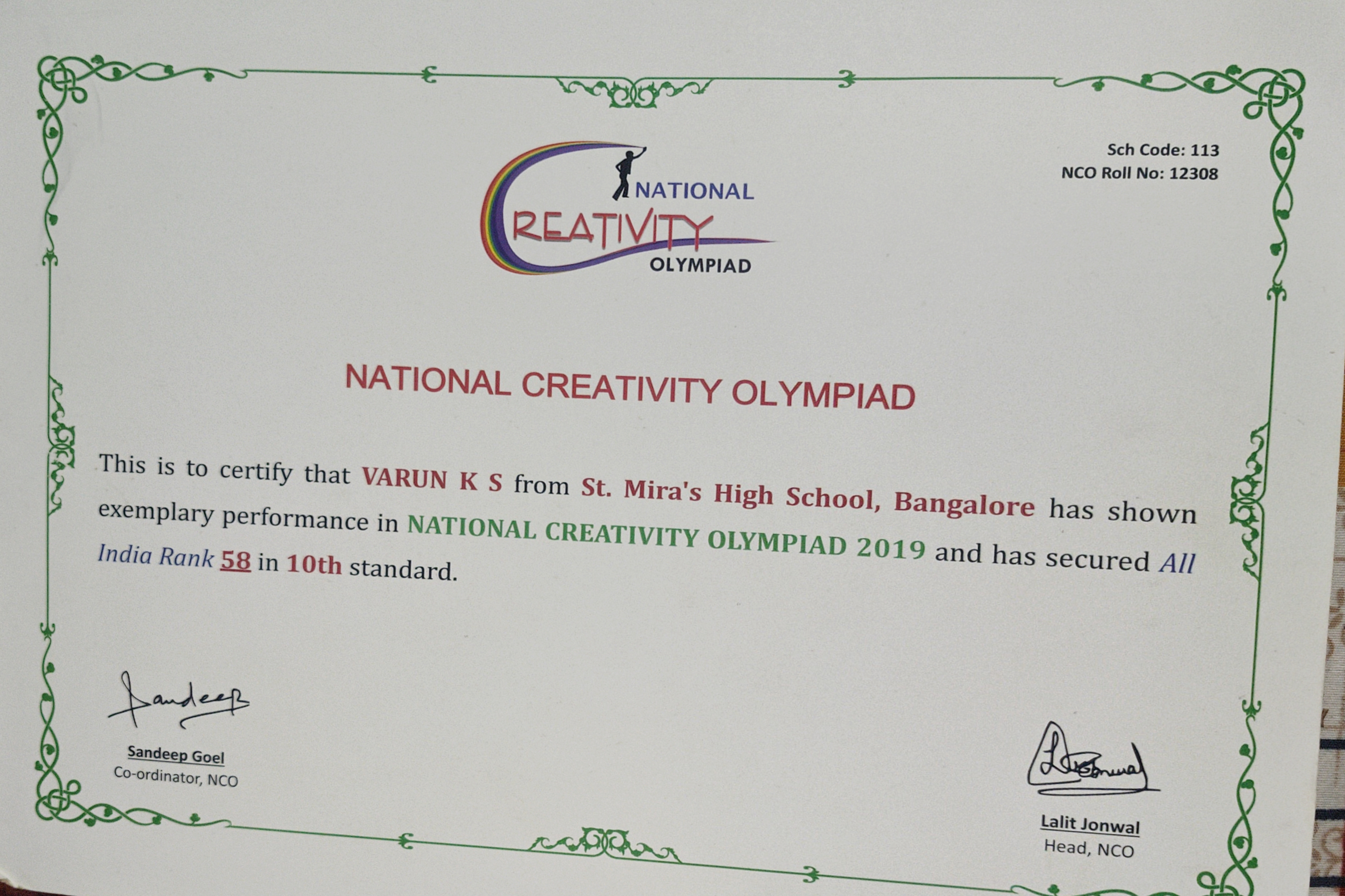 Official National Creativity Olympiad Certificate of Merit: All India Rank 58 in 10th Standard (2019).