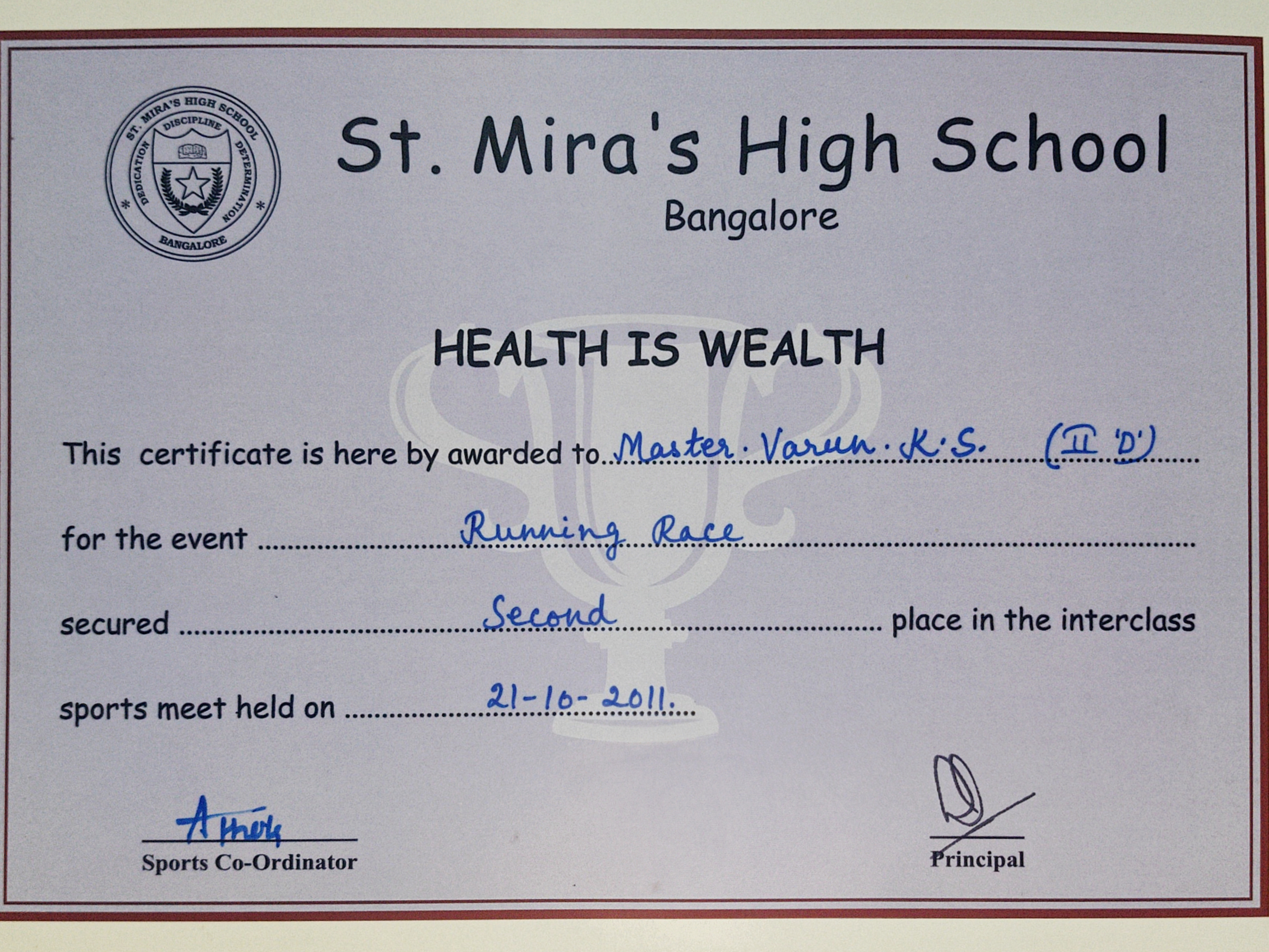 Official Second Place Certificate in Running Race, Grade II 'D' (Oct 21, 2011).